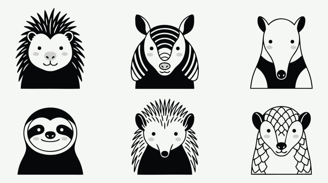 Set of Cute Animal Faces in Black and White Style.