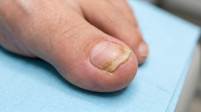close up of a foot with a fungal toenail infection on big toe