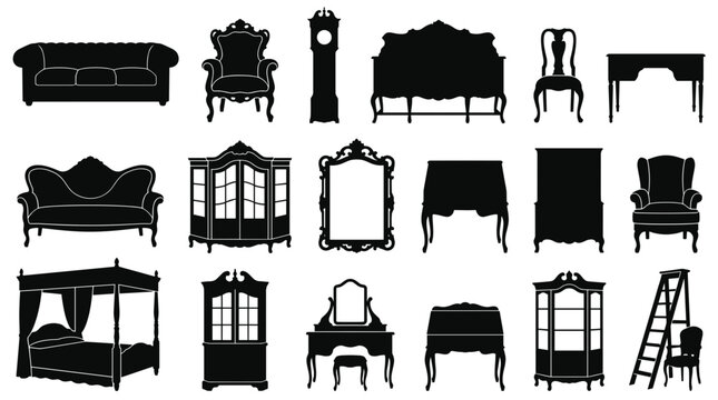 Collection of vintage furniture silhouettes including sofas chairs clocks cabinets and beds representing classic interior design elements