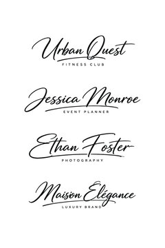 Four elegant handwritten script typography logos with names like urban quest jessica monroe ethan foster maison elegance showcasing a natural calligraphic style typography handwritten calligraphic