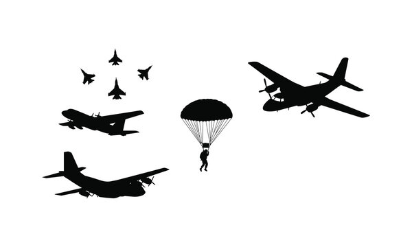 Military airplanes vector silhouette illustration, paratrooper and fighter jets line art