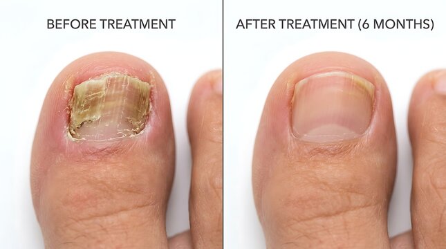 Fungal nail infection treatment before and after six months recovery