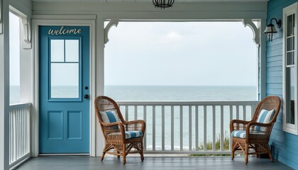 Obraz premium Coastal home porch features blue door with welcome sign and wicker chairs. Overlooks ocean on cloudy day, offering serene view and relaxation spot.