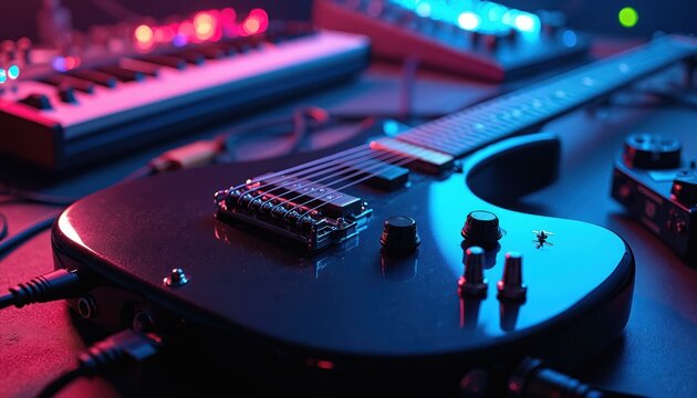 Electric guitar sits near synthesizer keyboard and audio gear. Neon blue and pink lights create moody atmosphere. Modern tech for music creation. Electronic sound studio setup.