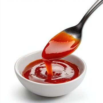 Close-up of a silver spoon pou rich, thick tomato ketchup into a small white ceramic bowl with smooth surface on a plain white background