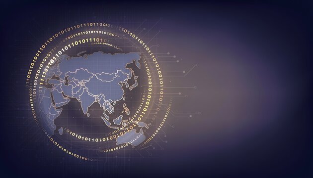 Minimalist white map of Asia surrounded by glowing golden data rings on dark background with copy space representing global trade and digital connectivity