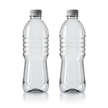 Two transparent plastic water bottles with silver caps on a white background.