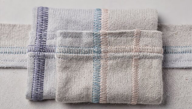 Medium shot of knitted swatches with flatlock seams showcasing contrasting thread colors for underwear prototype samples highlighting seam durability and design detail.