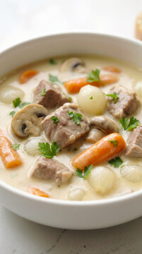 A comforting white bowl filled with a traditional French veal blanquette stew featuring tender meat, mushrooms, and carrots in a rich velvet creamy sauce. Generative AI.
