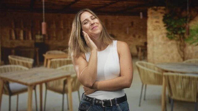 Woman resting chin on hand near table in cafe building, wearing white tank and jeans, smiling casually; thoughtful contentment.