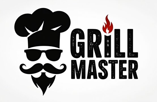 Stylized chef with mustache and sunglasses. Text reads GRILL MASTER with fire element. Icon for barbecue, culinary branding, and food businesses. Great for logos and designs.