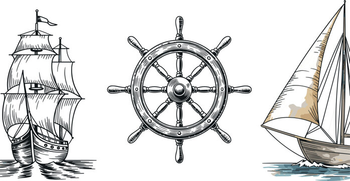 Vintage sailing ship helm wheel and sailboat illustration collection featuring nautical marine elements detailed hand drawn vector set on white background