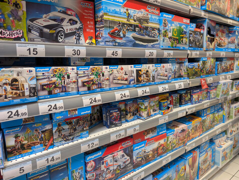 Palma de Mallorca, Spain &ndash; April 07, 2026: Playmobil toy boxes displayed on supermarket shelves at Carrefour. Consumer shopping behavior, product variety, retail environment, kids products.