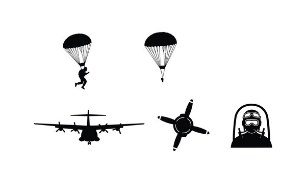 Military aviation vector silhouette illustration set with parachutists, aircraft, and propeller