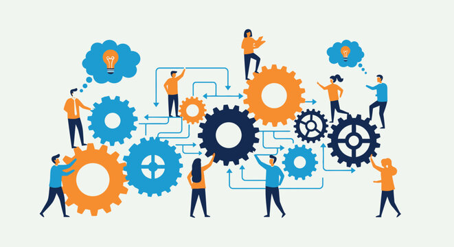 Diverse team of people collaborating on a complex system of gears and ideas, symbolizing business process, innovation, and problem-solving.
