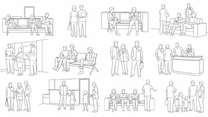 Obraz premium People Waiting in Hospital Reception Outline Silhouette Architectural CAD Technical Line Drawing, Healthcare Illustration, Isolated White Background
