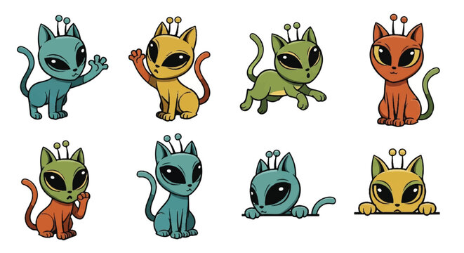 Cartoon alien cats set illustration vector graphics