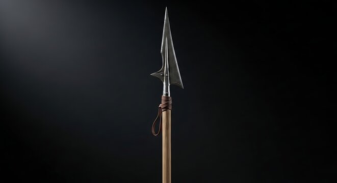 Medieval spear with winged blade standing upright against a dark studio background with dramatic lighting and leather strap detail