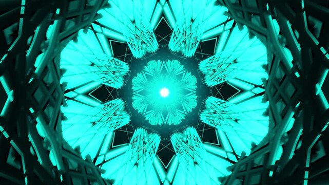 Cyan geometric mandala spins inside layered starburst tunnel glow