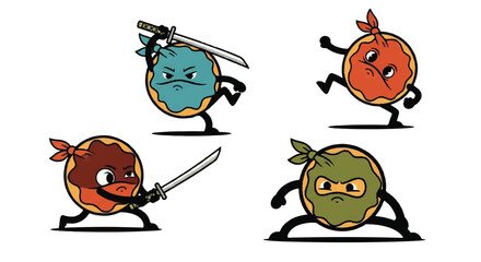 Cartoon donuts as ninjas posing with swords in various action positions © HALEDS