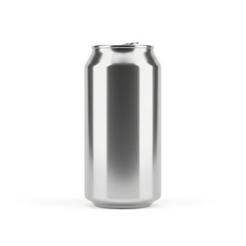 A shiny silver aluminum can with a pull tab on top against a white background.