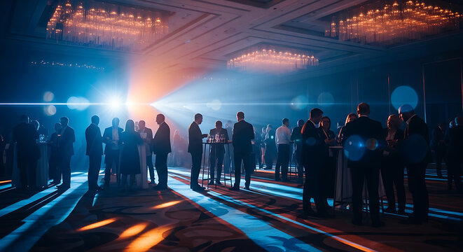 A large group of professionals networking at a formal evening event in a grand ballroom with dramatic blue and orange spotlighting.