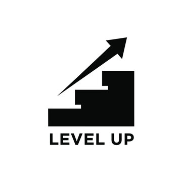 A black arrow ascends a staircase accompanied by the text level up symbolizing progress and achievement high quality professional