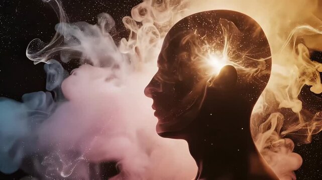 Human head profile silhouette with glowing inner light and swirling nebula particles digital motion graphic video for abstract background