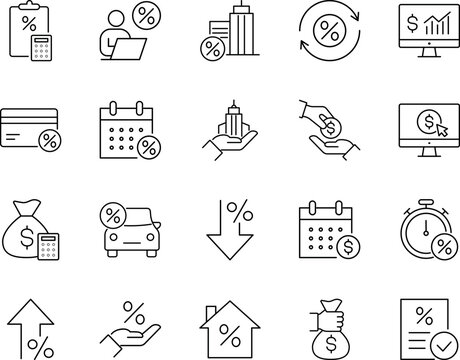 Financial interest rate loan vector icon set, percentage, calculator, calendar, money, car, house, credit