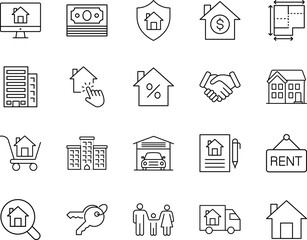 Fototapeta premium Real estate property housing vector line icon set, house, keys, money, contract, rent, handshake, building, family, moving