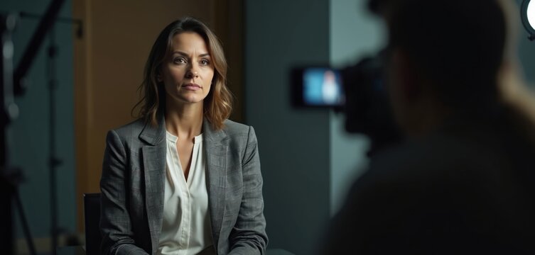 Woman in business attire sits for interview in studio. Camera operator films her during conversation. Professional media production indoors. Serious discussion unfolds.