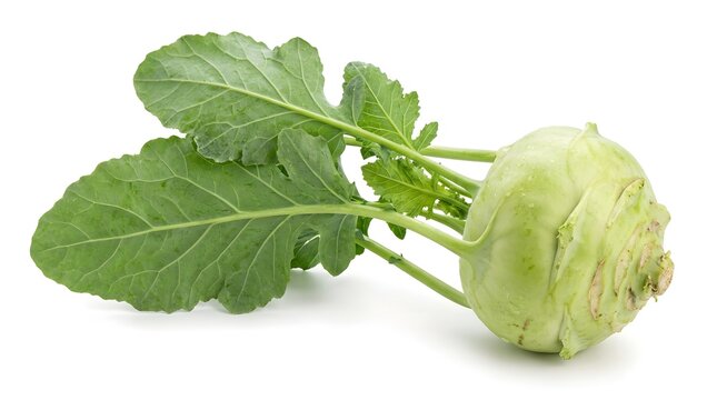 Fresh whole kohlrabi with green leaves isolated on white background. Organic raw German turnip vegetable full of vitamins and nutrition for healthy diet and vegan cooking lifestyle concept.