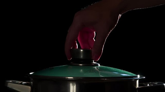 Pot of Boiling Water. White Clouds of steam rise from under the raised cap on a black background