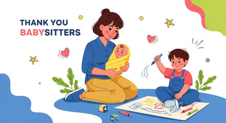 Fototapeta premium Babysitter appreciation concept with mother holding baby and child coloring on the floor with crayons and paper