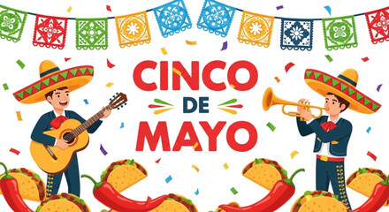 Fototapeta premium Cinco de mayo celebration with musicians and traditional mexican food
