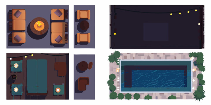 Aerial view of outdoor living spaces patio fire pit pool and lounge