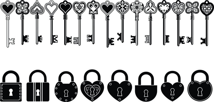 Vintage Key and Lock Set with Heart-shaped and Classic Designs for Security, Love, and Romance Themed Illustrations