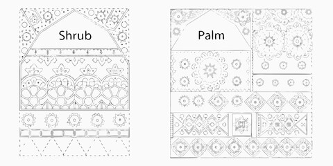 Fototapeta premium Detailed sketches of ornamental borders and plant life labeling