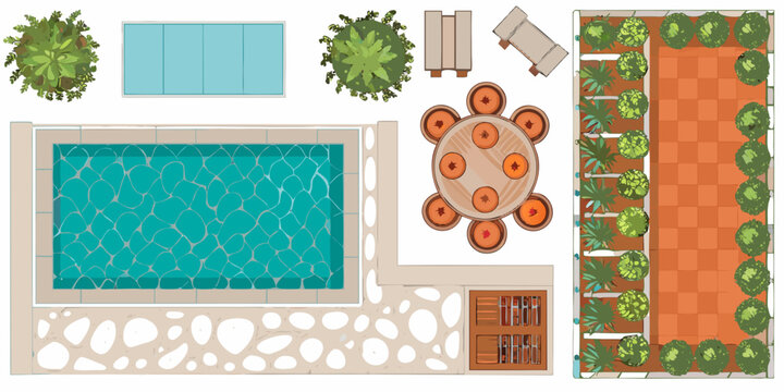 Aerial view of a backyard with pool patio and garden design