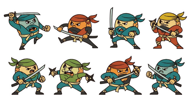 Cartoon ninjas with swords posing in different actions