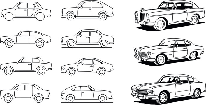 Vintage classic car line art collection featuring retro automobiles sedan coupe models detailed outline vector illustration set