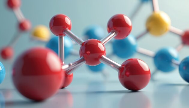 Close-up abstract of connected atoms in a molecule. Shows red blue and yellow spheres linked by metal rods. Represents chemical structure science and molecular bonds in a network.