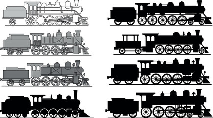 Vintage Steam Locomotive Set with Detailed Railway Engines in Silhouette and Outline Styles Transport Vector Illustration Collection © Md