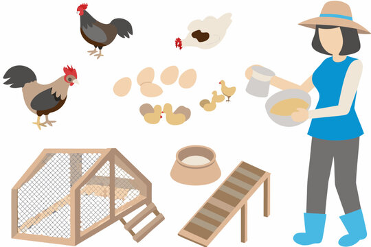 A colorful illustration depicting farm life with chickens eggs and a farmer