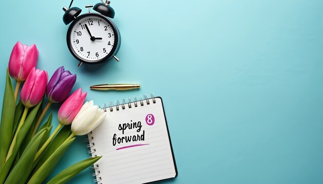 Alarm clock shows time for spring forward transition with tulips and notebook reminder. Time change in March indicates seasonal shift. Clocks move ahead with spring.
