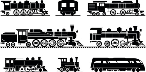 Vintage Steam Train Silhouette Collection with Multiple Locomotive Types and Railway Wagons Detailed Transport Vector Illustration Set © Md