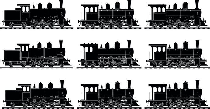 Vintage Steam Locomotive Collection with Side View Railway Engines Detailed Black Silhouette Transport Vector Illustration Set