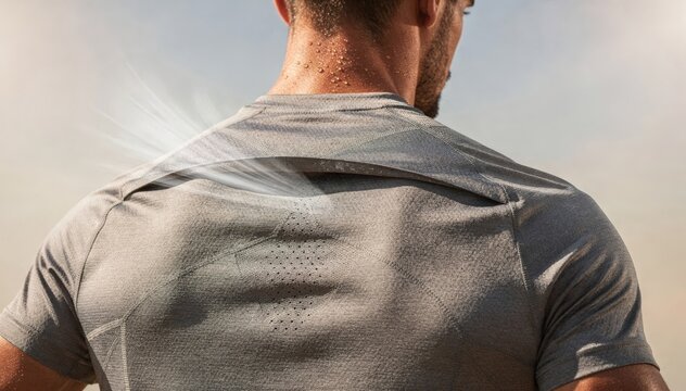 Dynamic medium shot showcases a smart shirt with a back yoke vent design highlighting breathability and cooling in warm conditions.