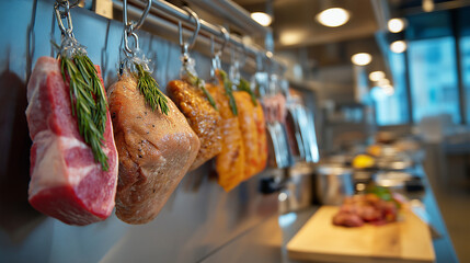 Naklejka premium Industrial kitchen workspace showing plant-based meat alternatives hung on hooks like traditional butcher display, stainless steel environment, perfect for food technology, sustain