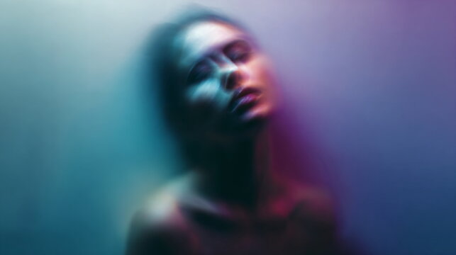 blurred portrait of intoxicated person in blue pink abstract light, psychedelic motion blur face in neon blue and pink aesthetic, surreal drunken human portrait with soft focus and color distortion